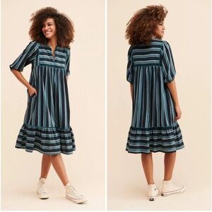 Saint Geraldine Anthropologie Polly Jean Midi Dress Stripes Pockets Flounce Hem